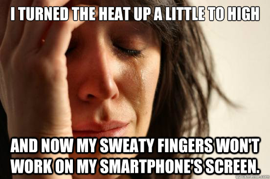 i turned the heat up a little to high  and now my sweaty fingers won't work on my smartphone's screen.    First World Problems