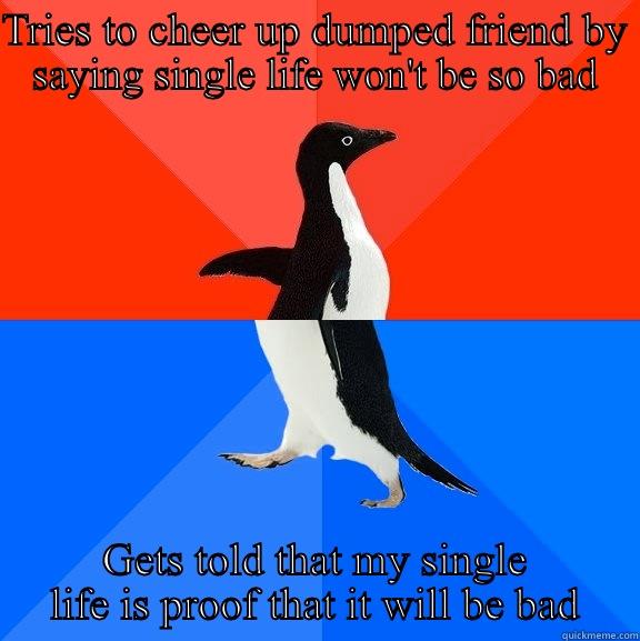 TRIES TO CHEER UP DUMPED FRIEND BY SAYING SINGLE LIFE WON'T BE SO BAD GETS TOLD THAT MY SINGLE LIFE IS PROOF THAT IT WILL BE BAD Socially Awesome Awkward Penguin
