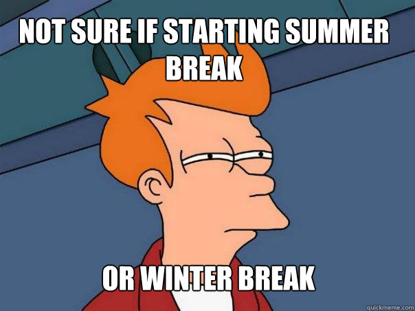 Not sure if starting summer break or winter break  Futurama Fry