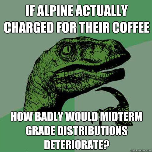 If Alpine actually charged for their coffee How badly would midterm grade distributions deteriorate?  Philosoraptor