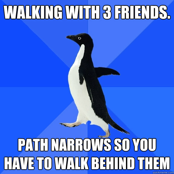 Walking with 3 friends. Path narrows so you have to walk behind them  Socially Awkward Penguin