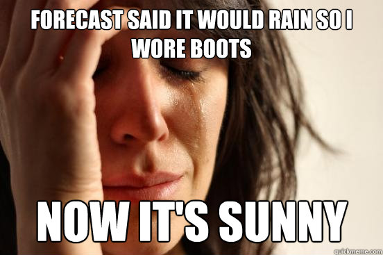 forecast said it would rain so i wore boots now it's sunny  First World Problems