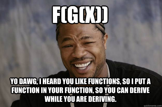 F(G(X)) Yo dawg, I heard you like functions, so I put a function in your function, so you can derive while you are deriving. - F(G(X)) Yo dawg, I heard you like functions, so I put a function in your function, so you can derive while you are deriving.  Xzibit meme