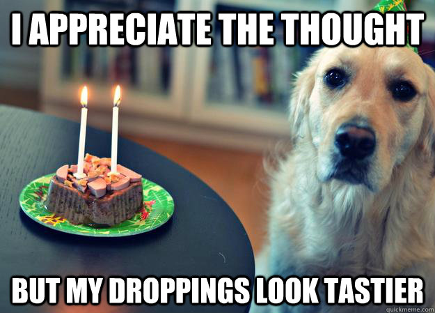 I appreciate the thought but my droppings look tastier - I appreciate the thought but my droppings look tastier  Sad Birthday Dog