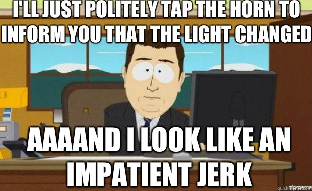 I'll just politely tap the horn to inform you that the light changed AAAAND I look like an impatient jerk  aaaand its gone