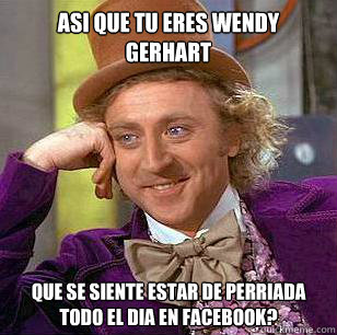 asi que tu eres wendy gerhart que se siente estar de perriada todo el dia en facebook?   Condescending Wonka