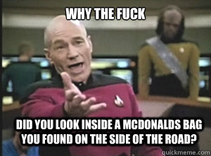 why the fuck did you look inside a mcdonalds bag you found on the side of the road? - why the fuck did you look inside a mcdonalds bag you found on the side of the road?  Annoyed Picard