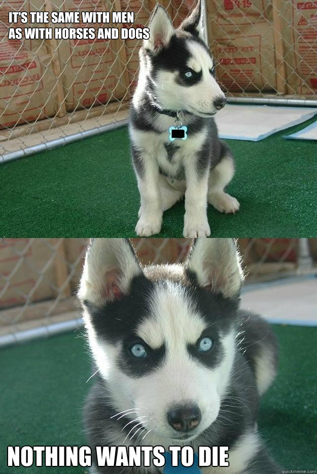 It's the same with men
as with horses and dogs Nothing wants to die  Insanity puppy