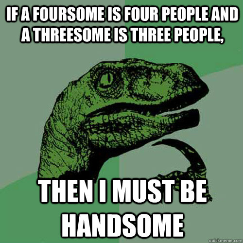 if a foursome is four people and a threesome is three people, then i must be handsome  Philosoraptor