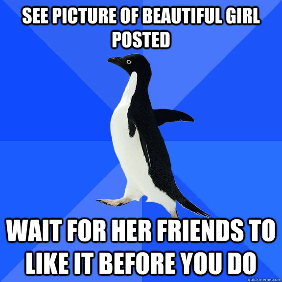 See picture of beautiful girl posted Wait for her friends to like it before you do  Socially Awkward Penguin