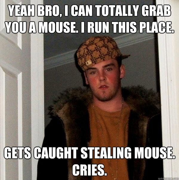 Yeah bro, I can totally grab you a mouse. I run this place. gets caught stealing mouse. 
cries.  Scumbag Steve