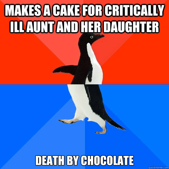 Makes a cake for critically ill aunt and her daughter Death by chocolate  Socially Awesome Awkward Penguin