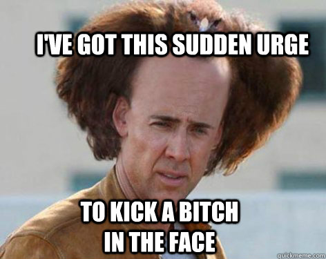 I've got this sudden urge to kick a bitch in the face - I've got this sudden urge to kick a bitch in the face  Crazy Nicolas Cage