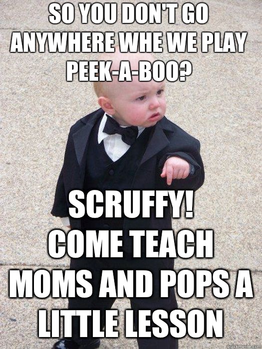 So you don't go anywhere whe we play peek-a-boo? Scruffy!
Come teach moms and pops a little lesson   Baby Godfather