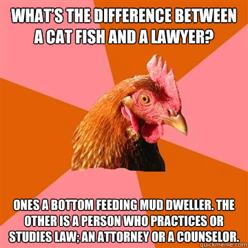 What’s the difference between a cat fish and a lawyer?
 Ones a bottom feeding mud dweller. The other is a person who practices or studies law; an attorney or a counselor.
  Anti-Joke Chicken