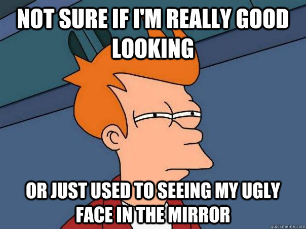 Not sure if I'm really good looking Or just used to seeing my ugly face in the mirror  Futurama Fry