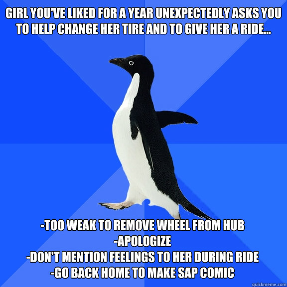 Girl you've liked for a year unexpectedly asks you to help change her tire and to give her a ride... -Too weak to remove wheel from hub
-apologize
-don't mention feelings to her during ride
-go back home to make sap comic  Socially Awkward Penguin