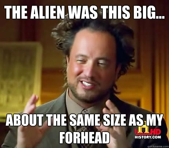 the alien was this big... about the same size as my forhead - the alien was this big... about the same size as my forhead  Ancient Aliens