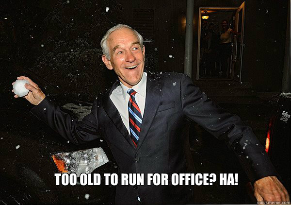 too old to run for office? ha! 
  Ron Paul Snowball Fight