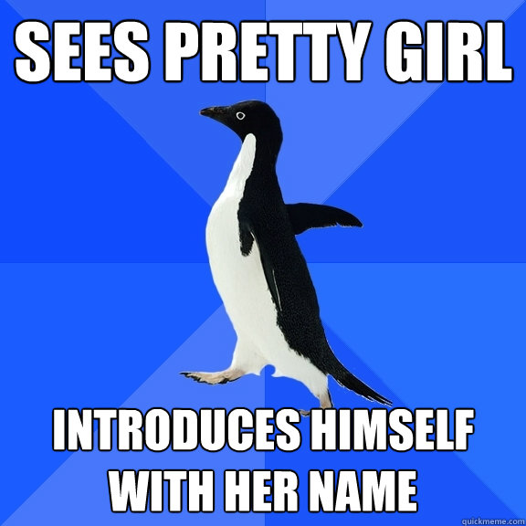 sees pretty girl introduces himself with her name  Socially Awkward Penguin