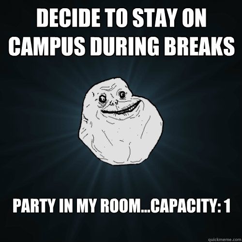 Decide to stay on campus during breaks Party in my room...Capacity: 1  Forever Alone