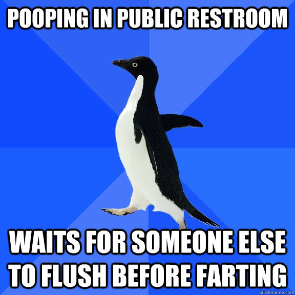 Pooping in public restroom waits for someone else to flush before farting  Socially Awkward Penguin
