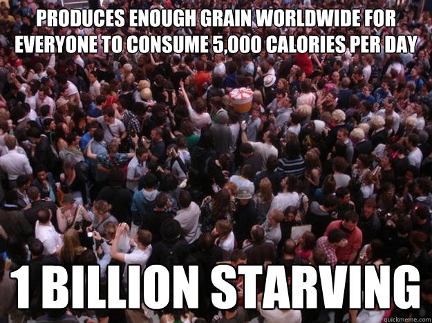 produces enough grain worldwide for everyone to consume 5,000 calories per day 1 billion starving  