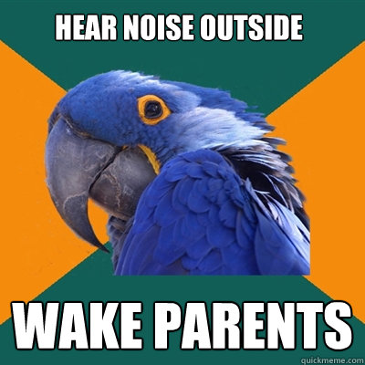 Hear noise outside Wake parents  Paranoid Parrot