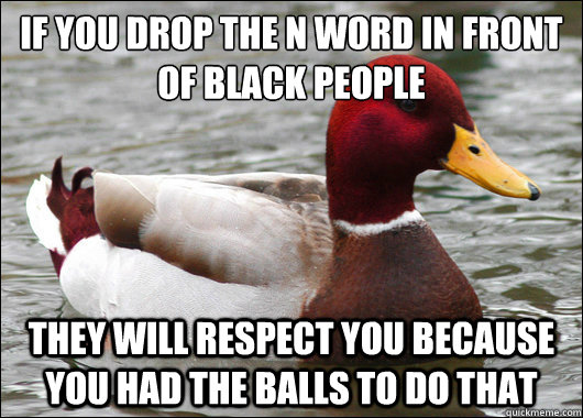If you drop the N word in front of black people
 they will respect you because you had the balls to do that  Malicious Advice Mallard