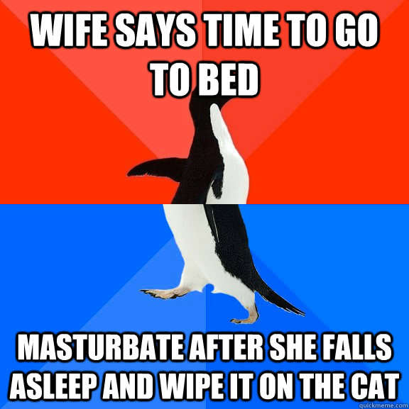 wife says time to go to bed masturbate after she falls asleep and wipe it on the cat - wife says time to go to bed masturbate after she falls asleep and wipe it on the cat  Socially Awesome Awkward Penguin