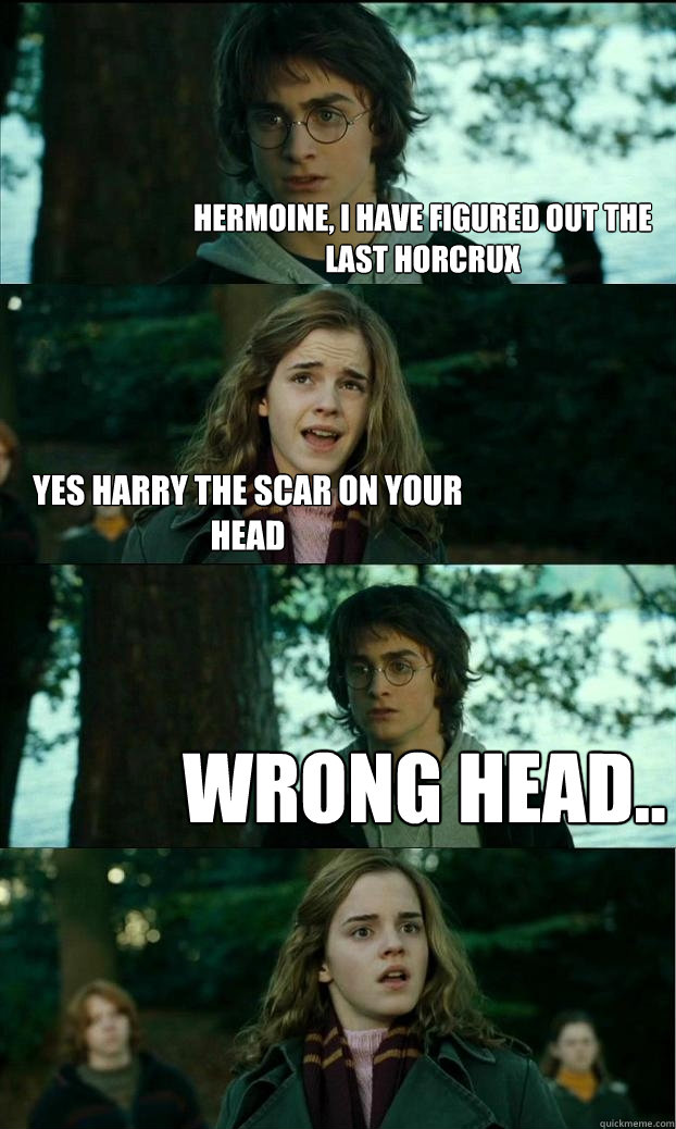 hermoine, i have figured out the last horcrux yes harry the scar on your head wrong head..  Horny Harry