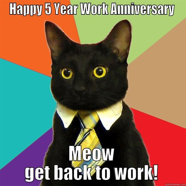 Happy 5 Year Work Anniversary - HAPPY 5 YEAR WORK ANNIVERSARY MEOW GET BACK TO WORK! Business Cat