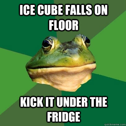 ice cube falls on floor kick it under the fridge  Foul Bachelor Frog