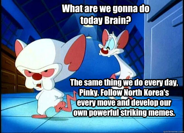 What are we gonna do today Brain? The same thing we do every day, Pinky. Follow North Korea's every move and develop our own powerful striking memes. - What are we gonna do today Brain? The same thing we do every day, Pinky. Follow North Korea's every move and develop our own powerful striking memes.  Pinky and the Brain