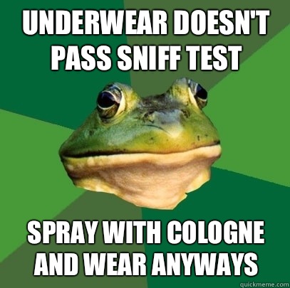 Underwear doesn't pass sniff test Spray with cologne and wear anyways  Foul Bachelor Frog