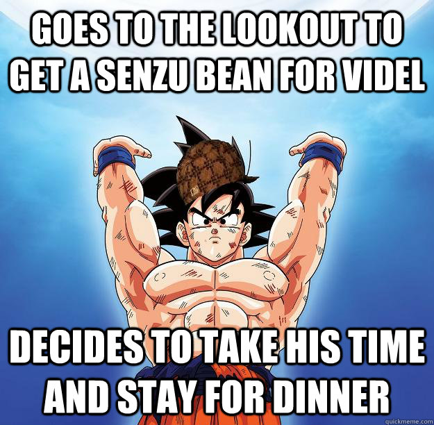 Goes to the lookout to get a senzu bean for videl decides to take his time and stay for dinner  