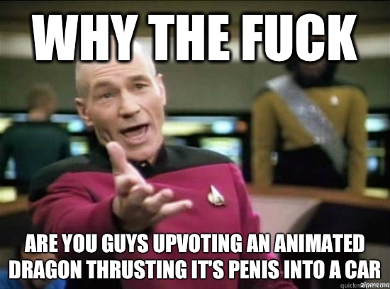 Why the fuck are you guys upvoting an animated dragon thrusting it's penis into a car  Annoyed Picard HD