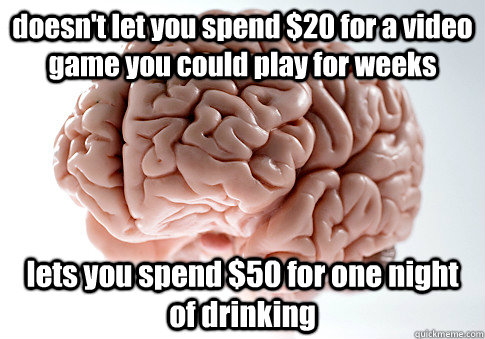 doesn't let you spend $20 for a video game you could play for weeks lets you spend $50 for one night of drinking  Scumbag Brain