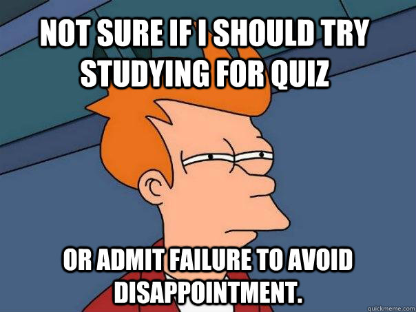 Not sure if I should try studying for quiz Or admit failure to avoid disappointment. - Not sure if I should try studying for quiz Or admit failure to avoid disappointment.  Futurama Fry