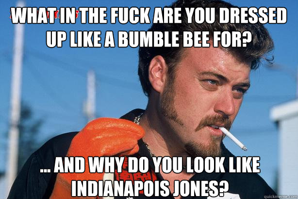 What in the fuck are you dressed up like a bumble bee for? ... and why do you look like INDIANAPOIS jones?  Ricky Trailer Park Boys