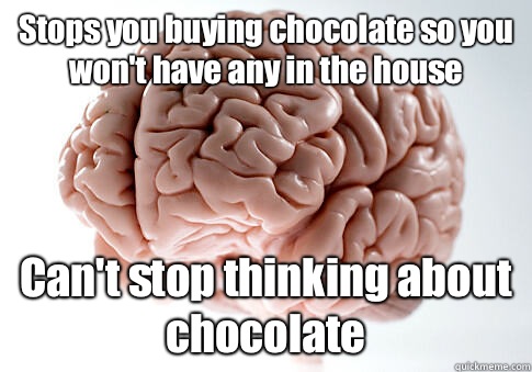 Stops you buying chocolate so you won't have any in the house Can't stop thinking about chocolate  - Stops you buying chocolate so you won't have any in the house Can't stop thinking about chocolate   Scumbag Brain