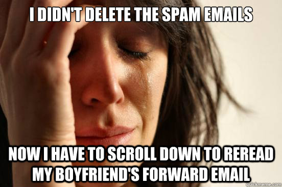 I didn't delete the spam emails Now I have to scroll down to reread my boyfriend's forward email  First World Problems