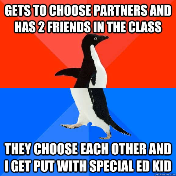 Gets to choose partners and has 2 friends in the class They choose each other and I get put with special ed kid  Socially Awesome Awkward Penguin