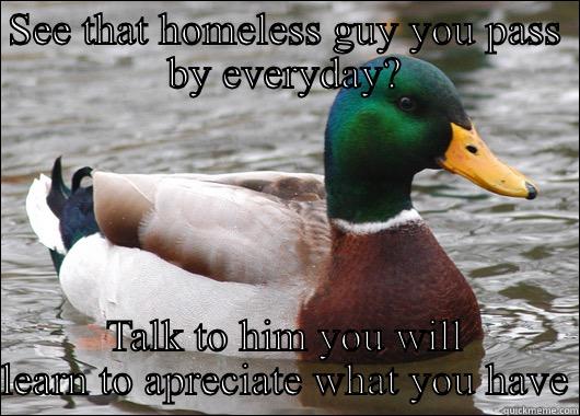 SEE THAT HOMELESS GUY YOU PASS BY EVERYDAY? TALK TO HIM YOU WILL LEARN TO APRECIATE WHAT YOU HAVE Actual Advice Mallard