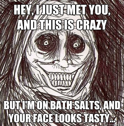 Hey, I just met you, and this is crazy But I'm on bath salts, and your face looks tasty...  Horrifying Houseguest