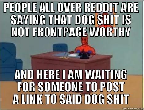 PEOPLE ALL OVER REDDIT ARE SAYING THAT DOG SHIT IS NOT FRONTPAGE WORTHY AND HERE I AM WAITING FOR SOMEONE TO POST A LINK TO SAID DOG SHIT Spiderman Desk