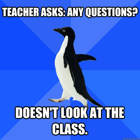 Teacher asks: any questions? Doesn't look at the class.  Socially Awkward Penguin