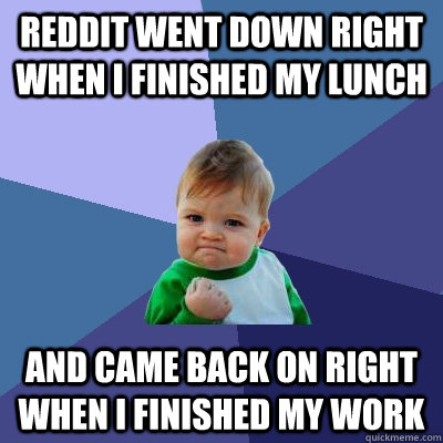 Reddit went down right when I finished my lunch and came back on right when I finished my work  Success Kid