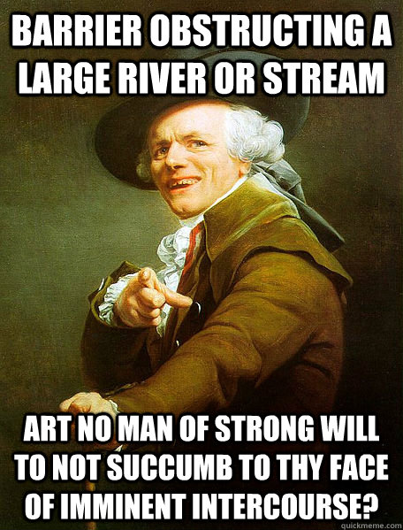 Barrier obstructing a large river or stream art no man of strong will to not succumb to thy face of imminent intercourse?  Joseph Decreaux