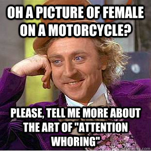 oh a picture of female on a motorcycle? please, tell me more about the art of 